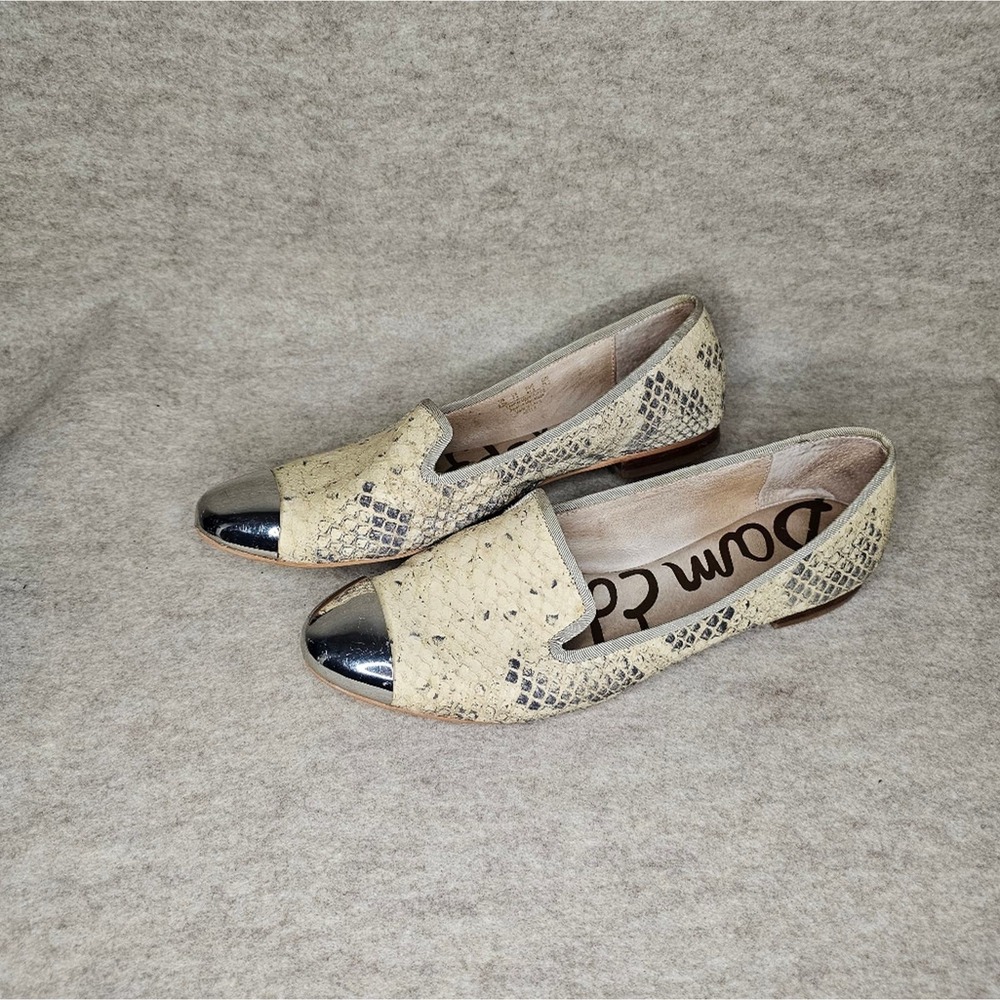 Sam Edelman Snake Skin Embossed Leather Flats Silver Cap Toe Sz 9.5